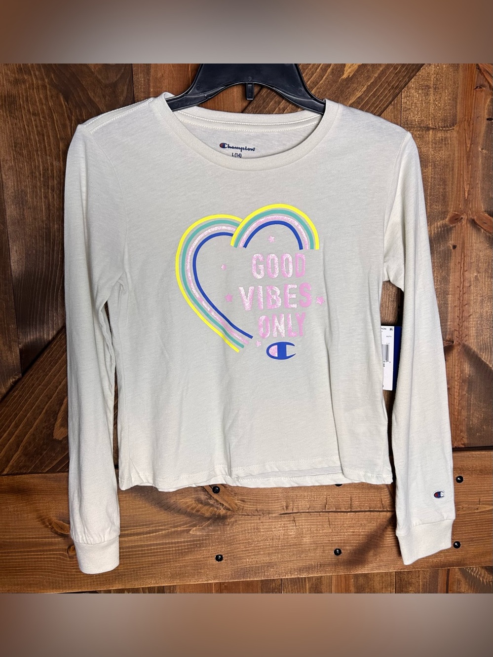 Champion Cream Long Sleeve Tee with Rainbow Heart Graphic